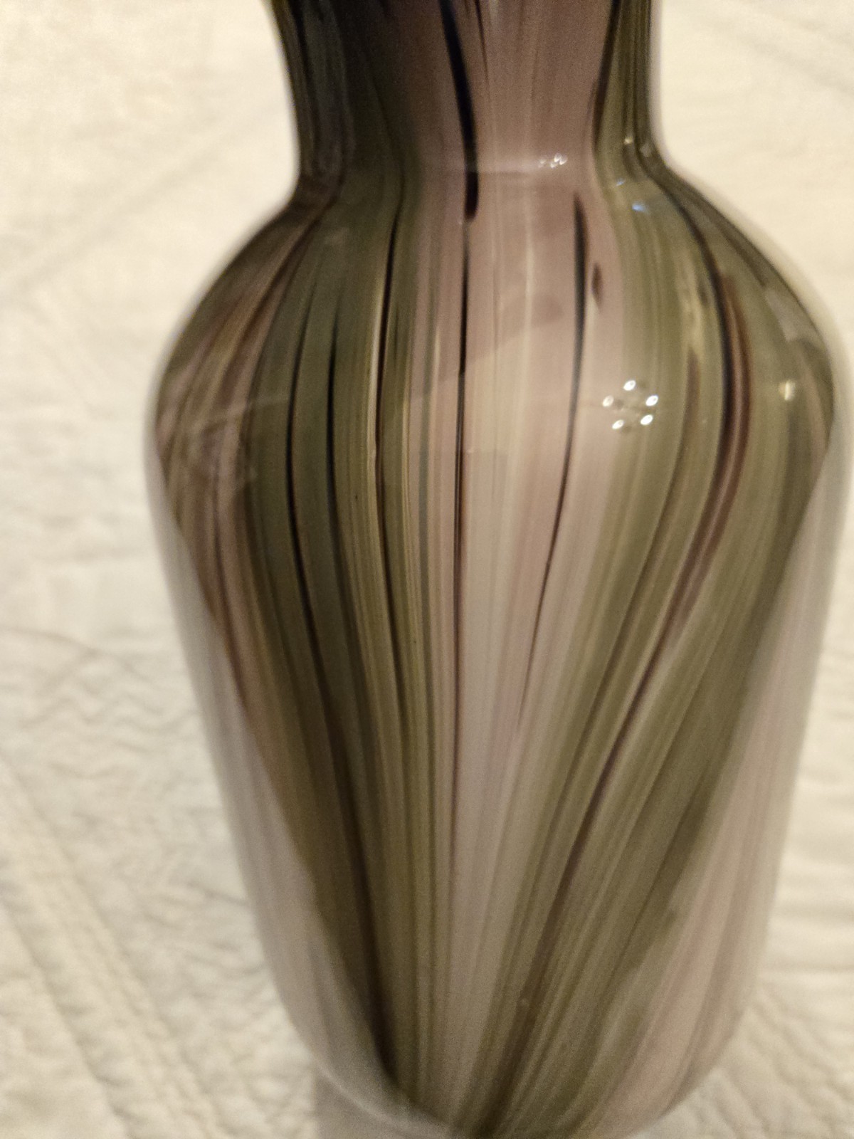 Vintage Heavy Murano Glass Vase Stripes Swirls 12" Hand Blown Green Purple 60s ?