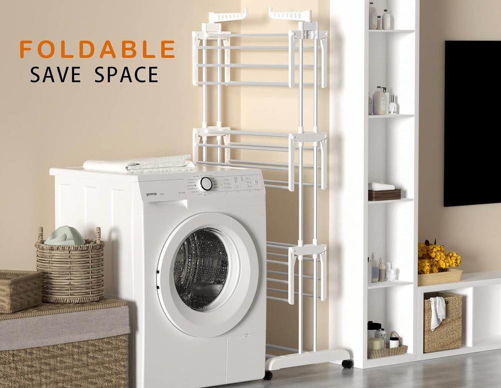 Oversized 4-Tier Foldable Clothes Drying Rack - Stainless Steel - White