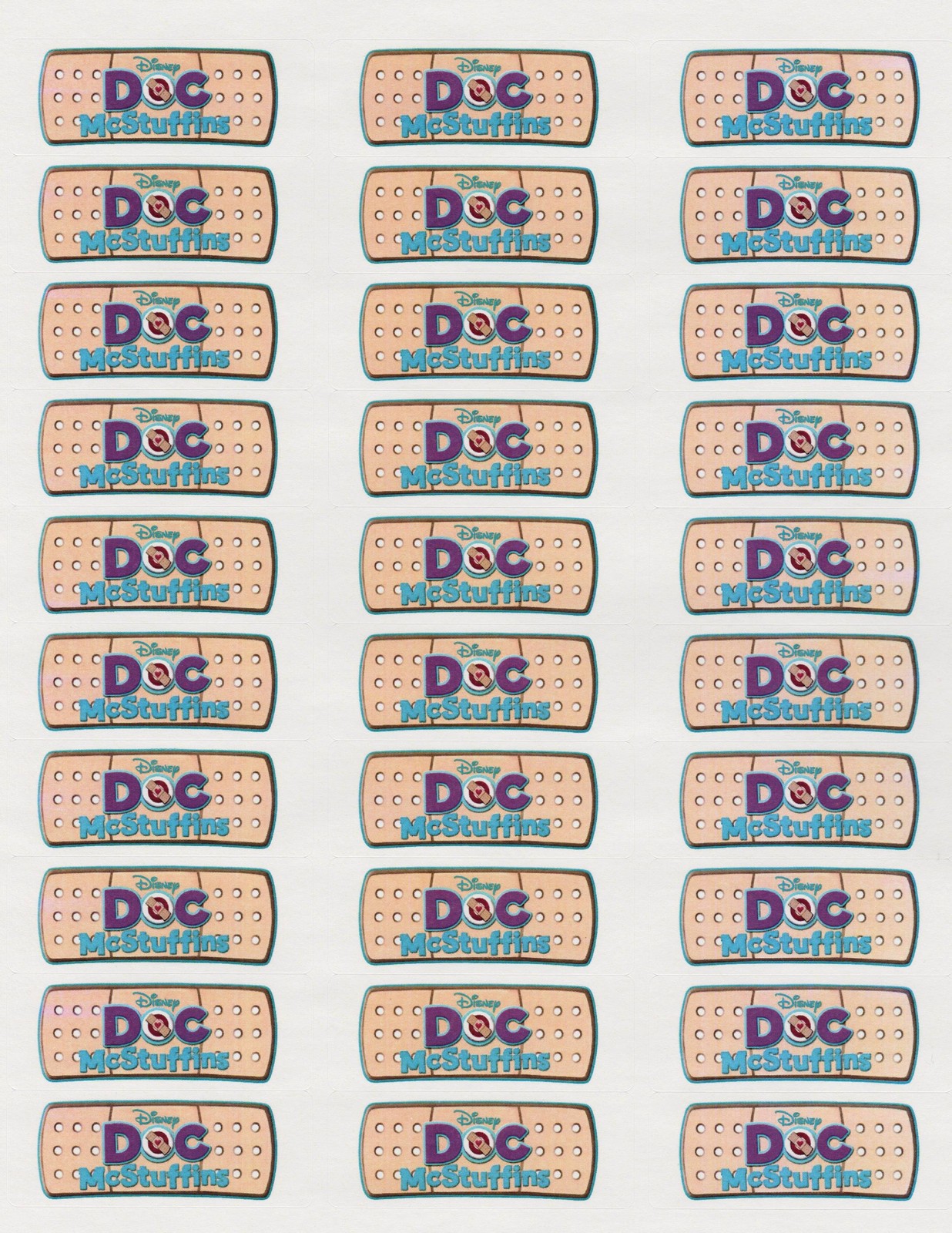 30 Doc McStuffins Adhesive Bandage Labels / Stickers, 1" x 2-5/8"