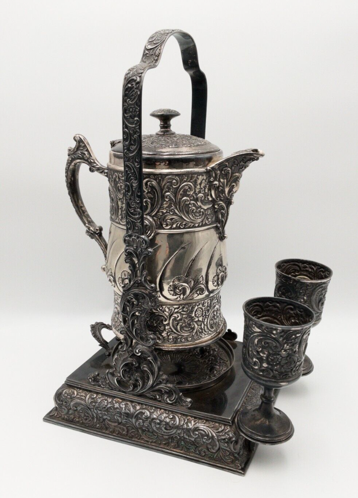 Antique Rogers Smith & Co. Quadruple Silver Plated Tilting Pitcher w/ Goblets
