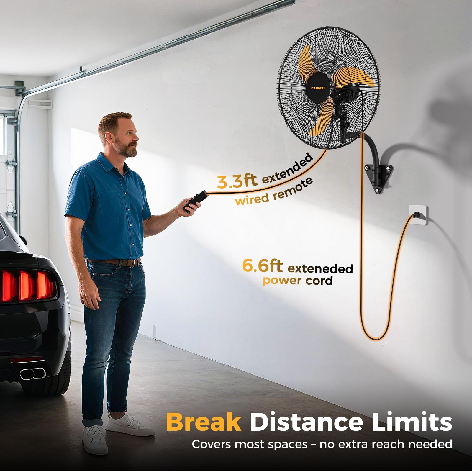 20 Inch Oscillating Wall Mount Fan 3-Speed Wired Remote Long Cord 2 Packs