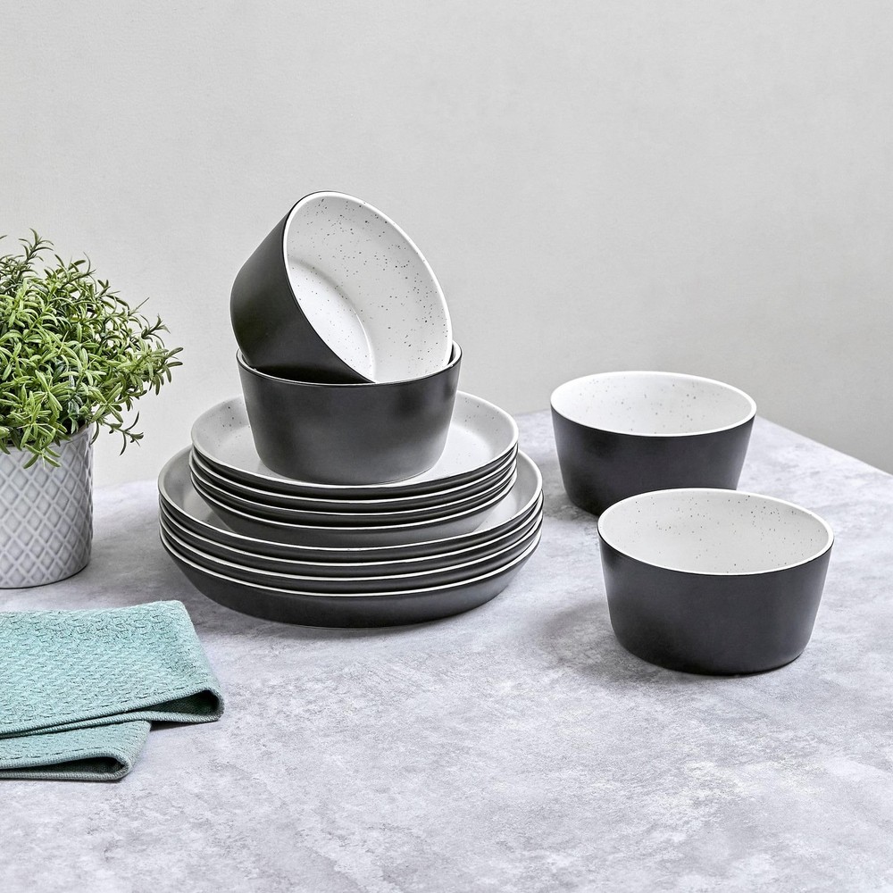 Sango 12-Piece Stoneware Dinnerware Set for 4, Modern 12-Piece, Black/White