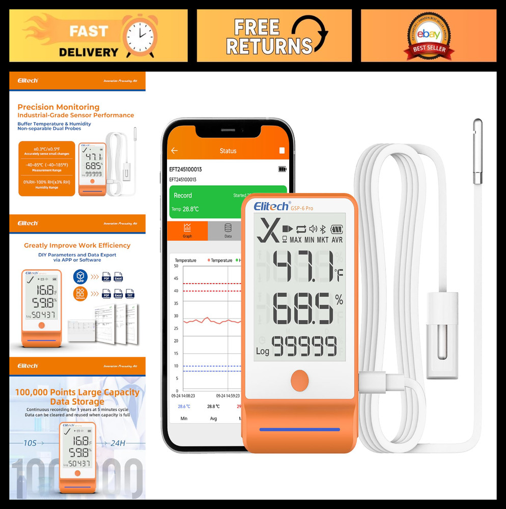 Elitech Bluetooth Thermometer Data Logger Temperature with Shadow Data 100000