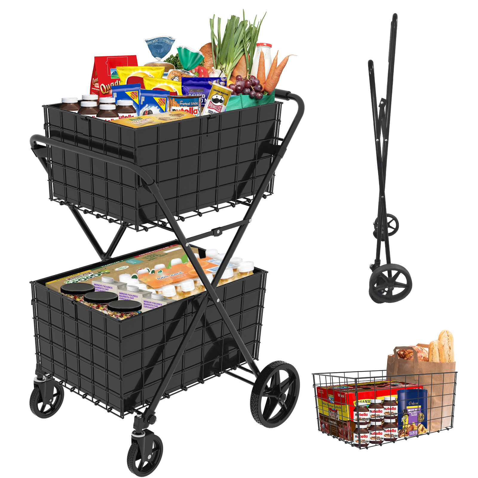 2-Tier Shopping Cart Foldable Grocery Cart Wheels Removable Storage Basket