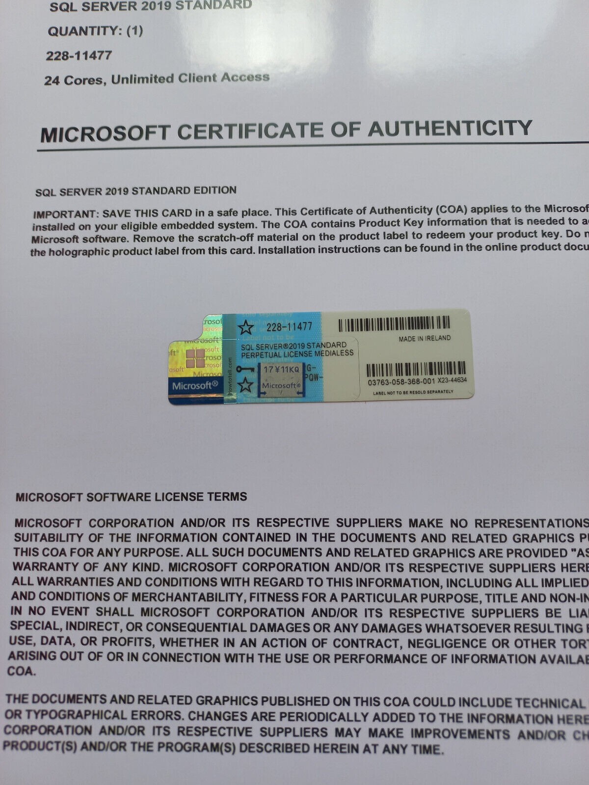 SQL Server 2019 STANDARD 48 Core License, unlimited User CALs CoA Genuine Label