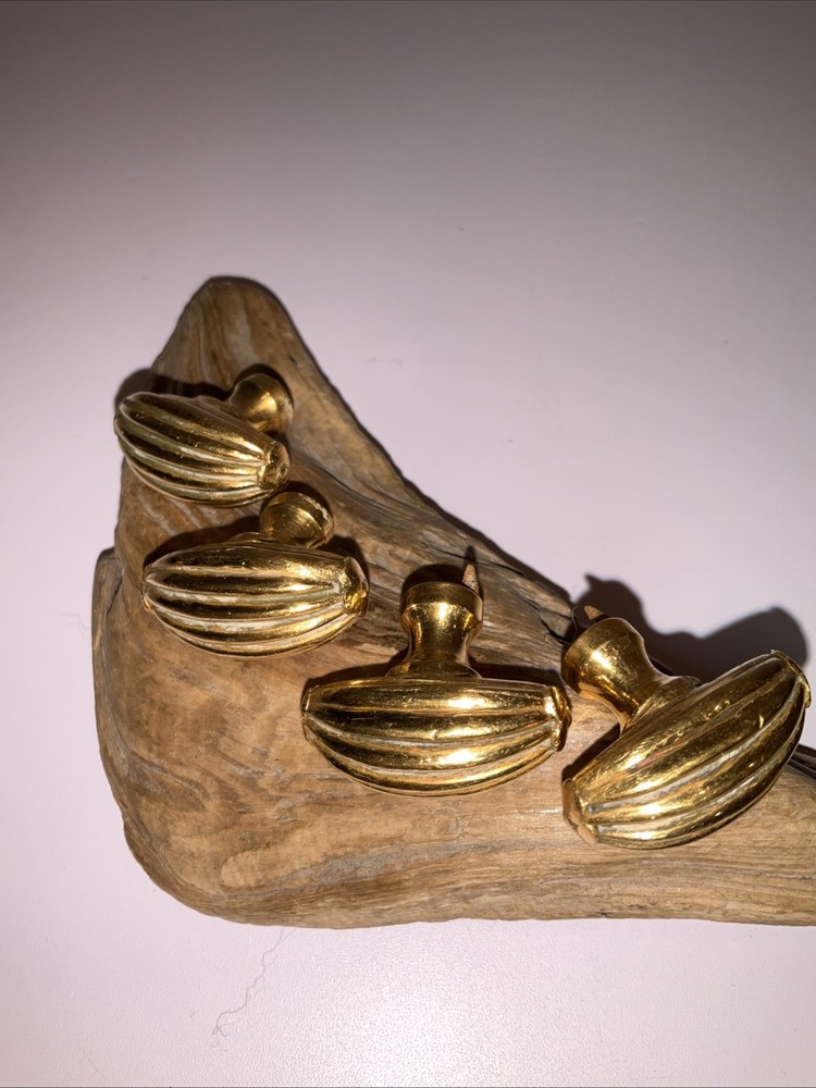 Set of 4 Vintage Brass Drawer Pull Knobs Ribbed Oval Design