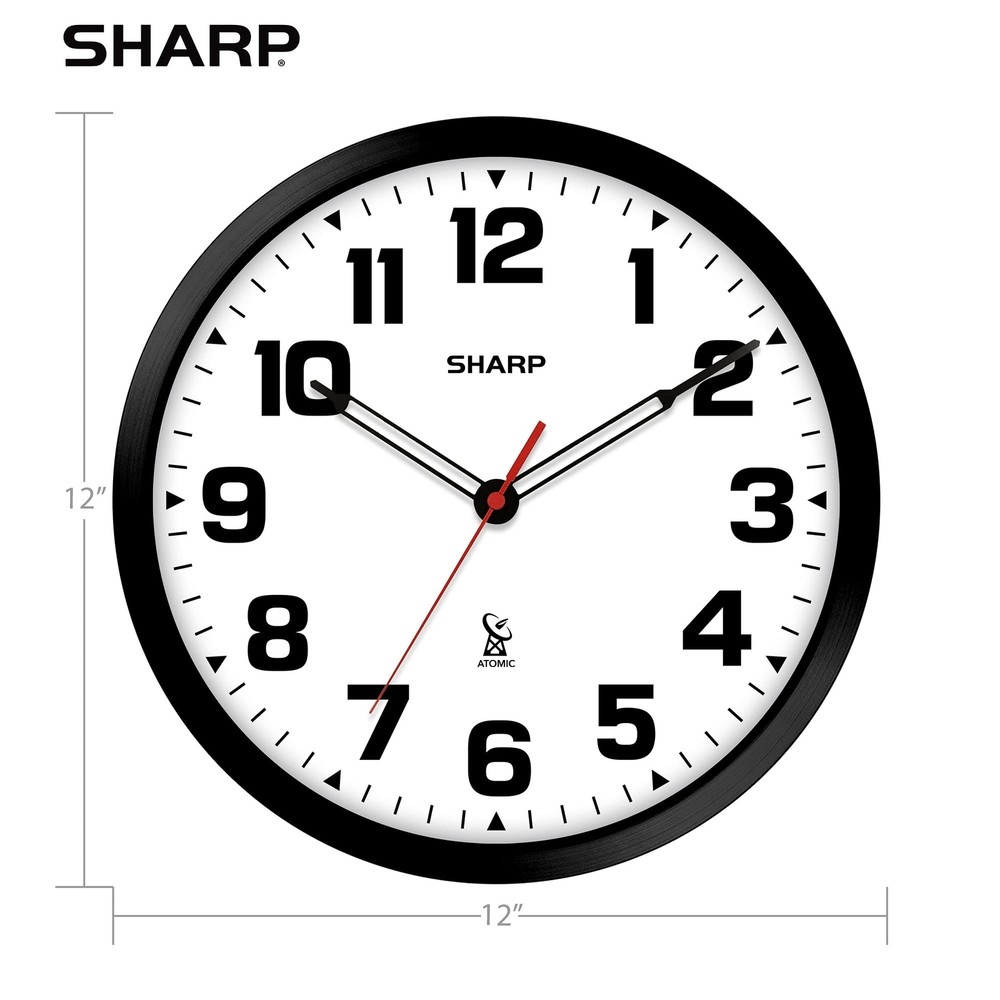 Sharp Atomic Analog Wall Clock - 12" Black Stylish Frame - Sets Automatically- B