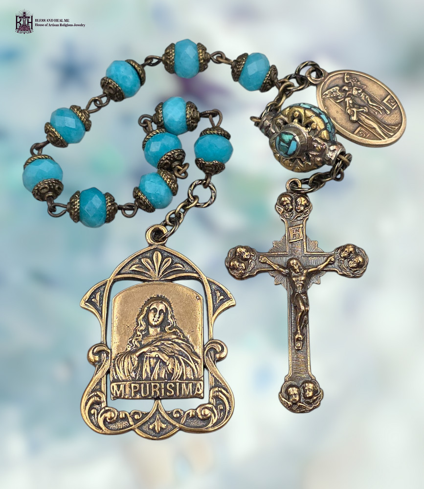 Immaculate Mary &Gabriel Annunciation Heirloom Chaplet Heritage Bronze|Amazonite