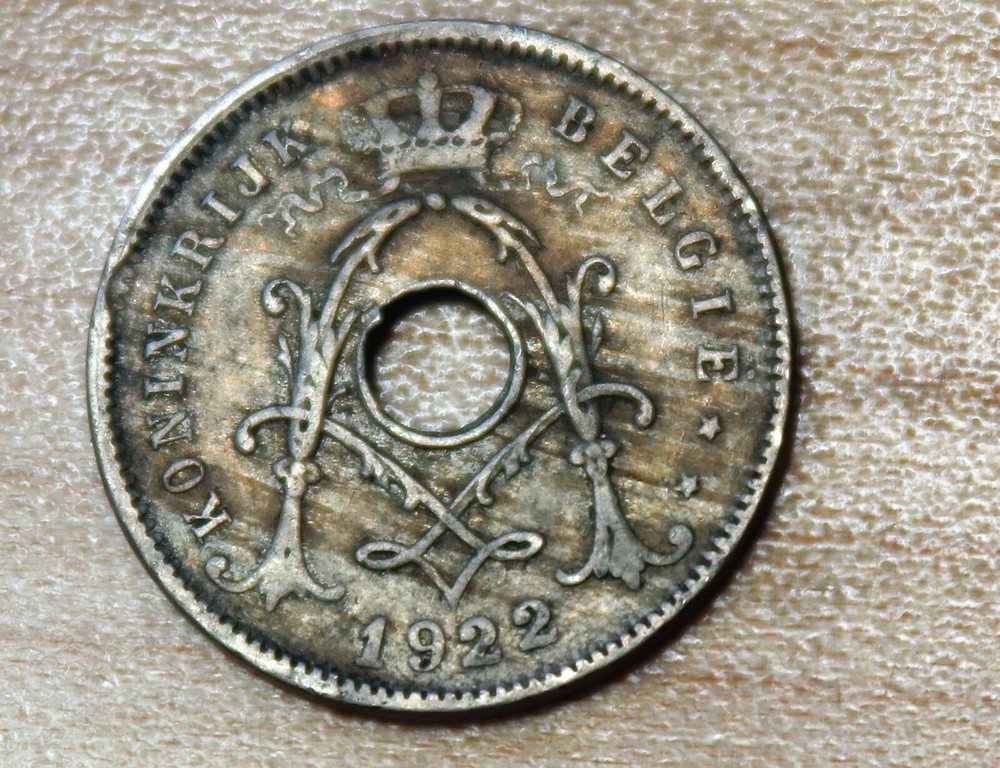 1922 Belgium 5 Centimes Dutch text Clip, Lamination Errors