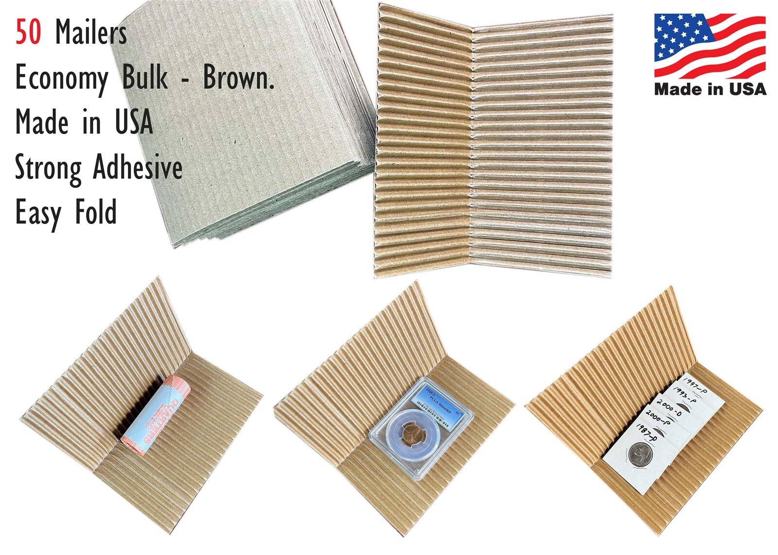 50 Adhesive Corrugated Cardboard Safety Mailers Coin Slabs / 2x2 Flips Size #6