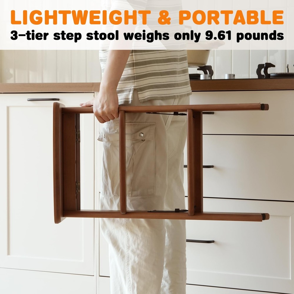 3 Step Ladder Folding Step Stool, Wooden Step Stool Foldable, Folding Step St...