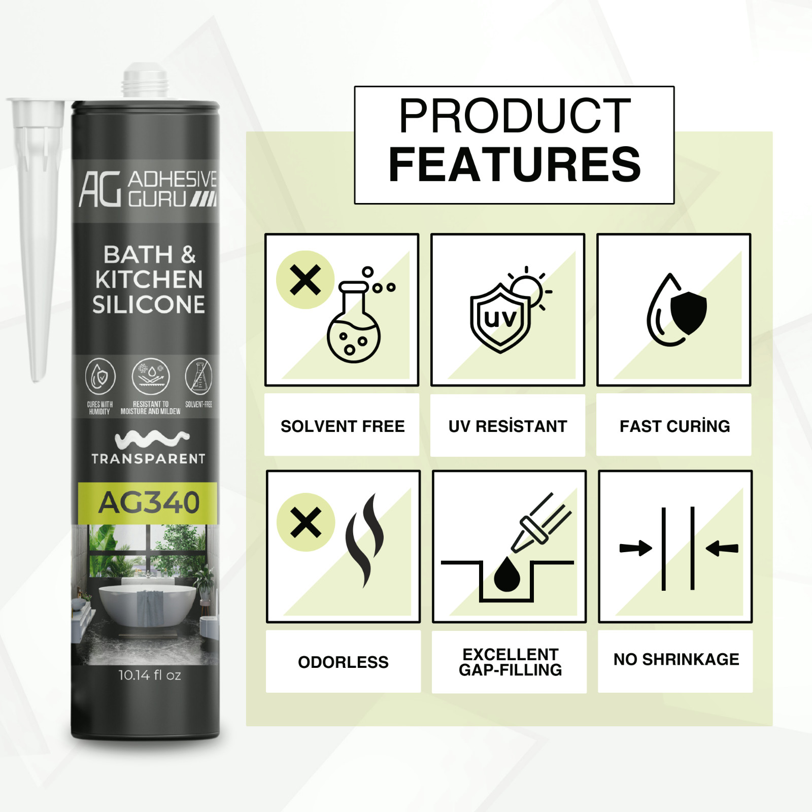 Adhesive Guru AG340 Clear Silicone Sealant (12x10.14 fl oz), 100% Silicone Caulk