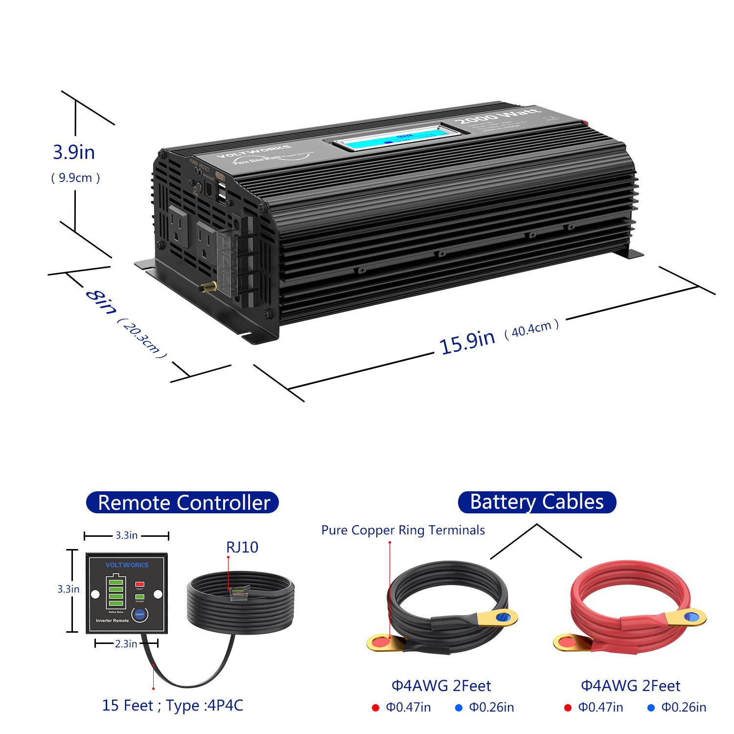 Pure Sine Wave 2000Watt Car Power Inverter Converter DC 12V to 120V AC VOLTWORKS