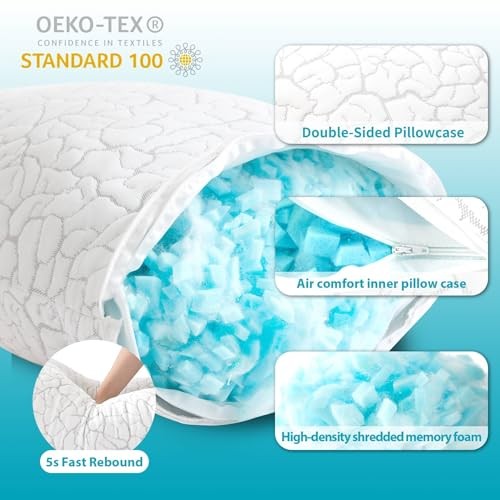 Cooling Pillows for Sleeping Pack, Adjustable Shredded Memory Foam Queen 2