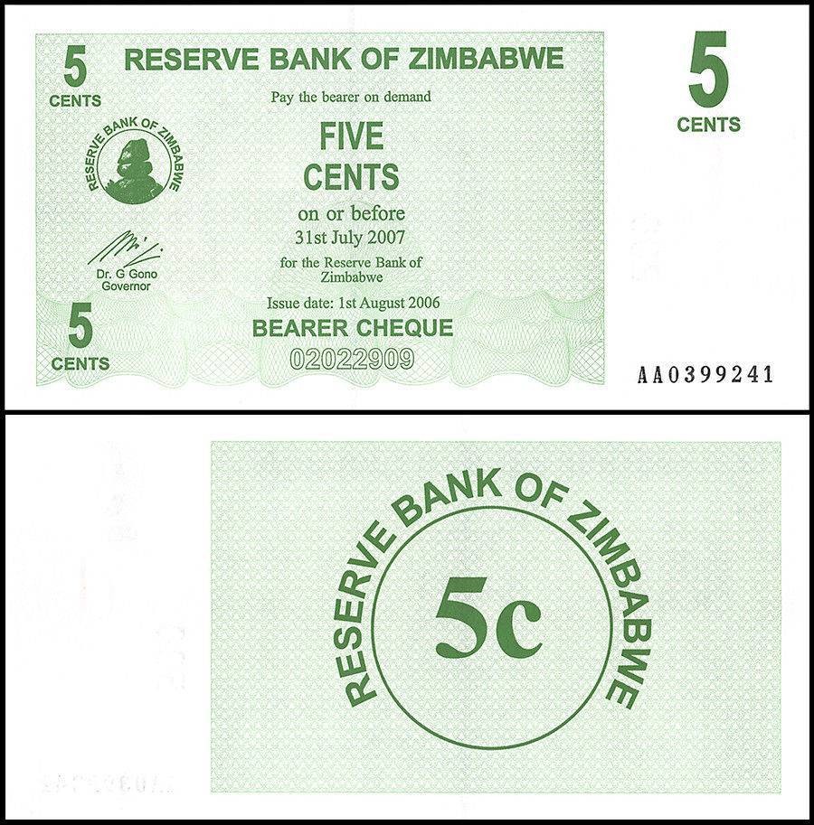 Zimbabwe 5 Cent Bearer Cheque, 2006, P-34, UNC
