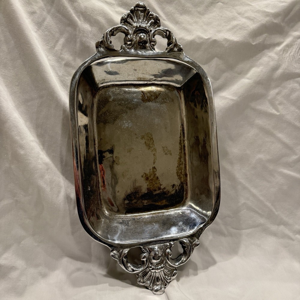 Vintage Silver Tone Serving Dish Ornate Handles Rectangular Vanity Tray 13”