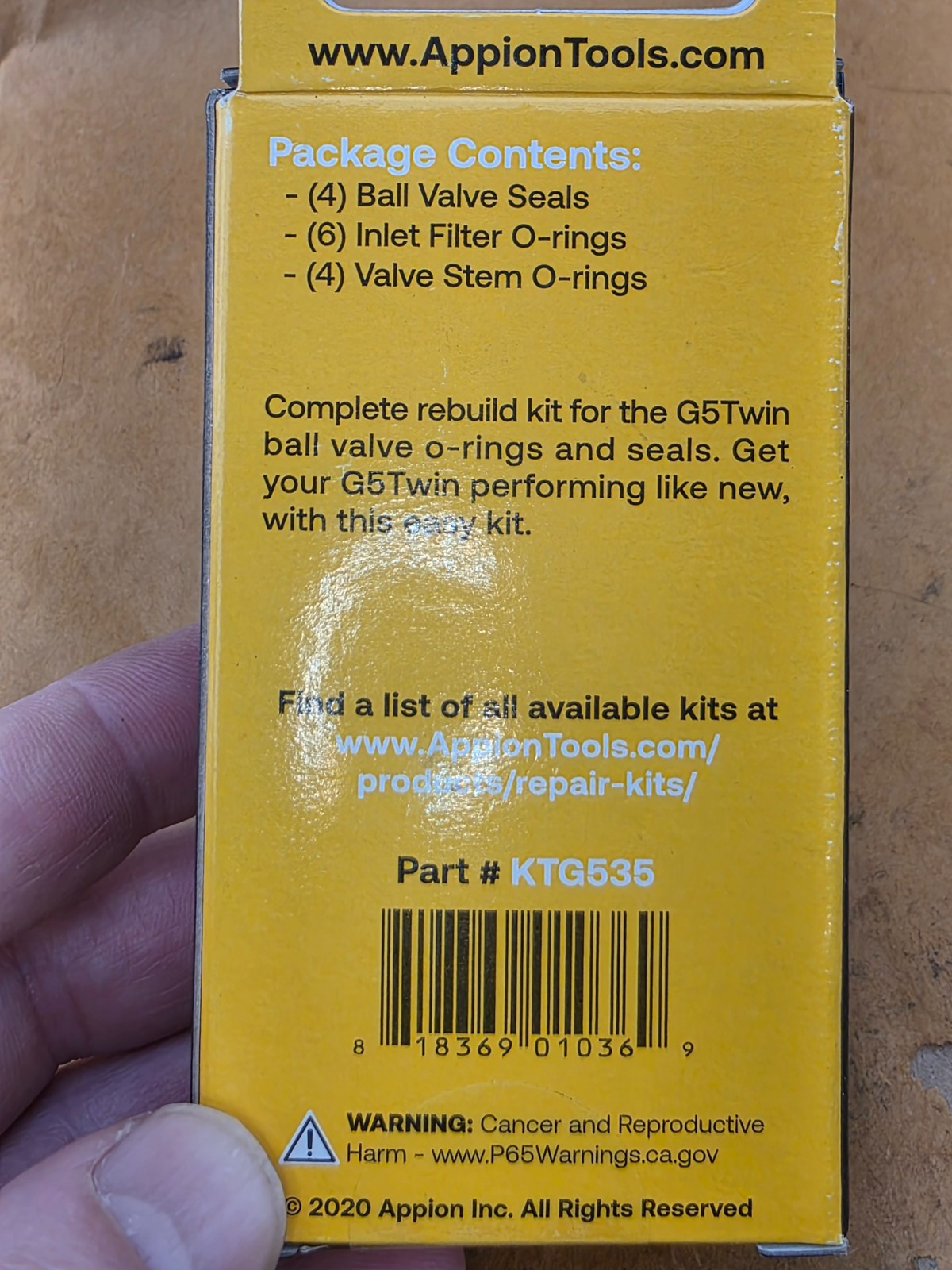 APPION PART# KTG535, COMPLETE REBUILD OF G5 TWIN BALL VALVE O-RINGS & SEALS