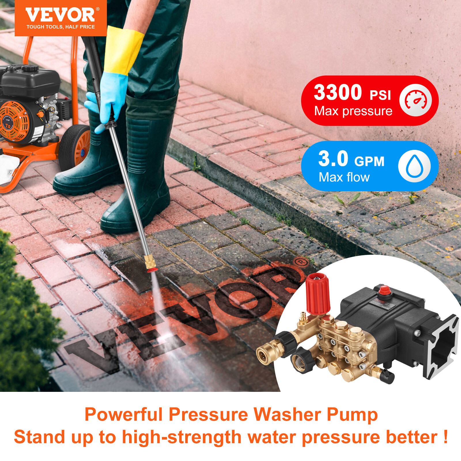 VEVOR Pressure Washer Pump Power Washer Pump 3/4" Horizontal 3300 PSI 2.5 GPM