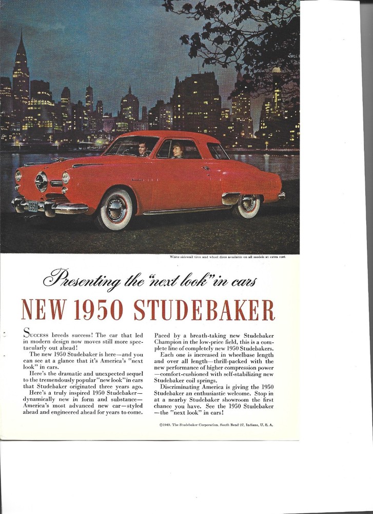 Original 1950 Studebaker  Champion  vintage print ad