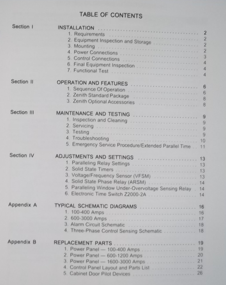 ZENITH AUTOMATIC CLOSED TRANSISTION TRANSFER SWITCH OPERATION MAINTENANCE MANUAL