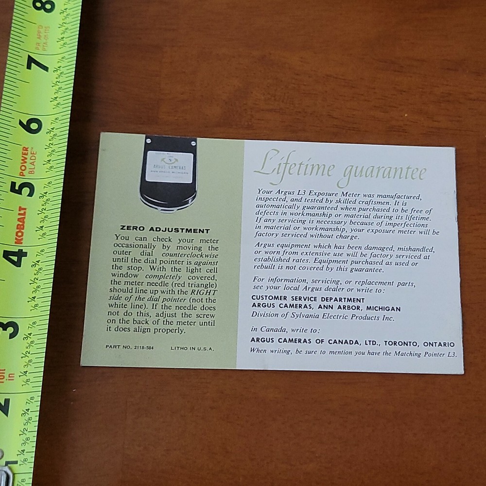 MATCHING POINTER L3 ARGUS EXPOSURE METER MANUAL OLD VINTAGE #3