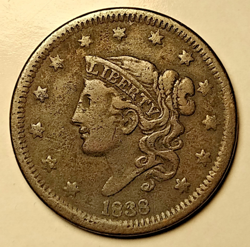 1838 CORONET HEAD LARGE CENT........................with FREE shipping