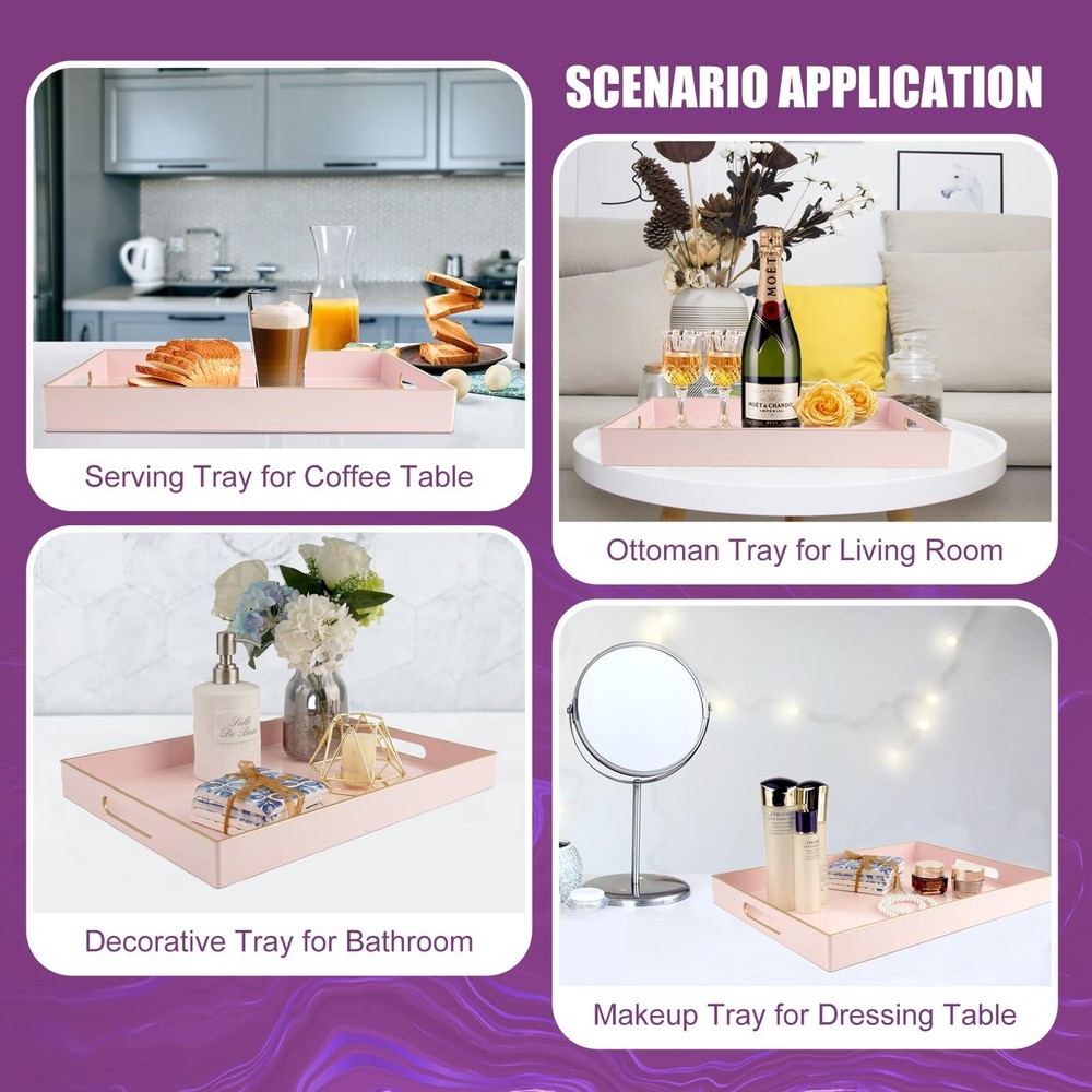 Pink Large Serving Tray with Handles，Rectangular Plastic Elegant Decorative C...