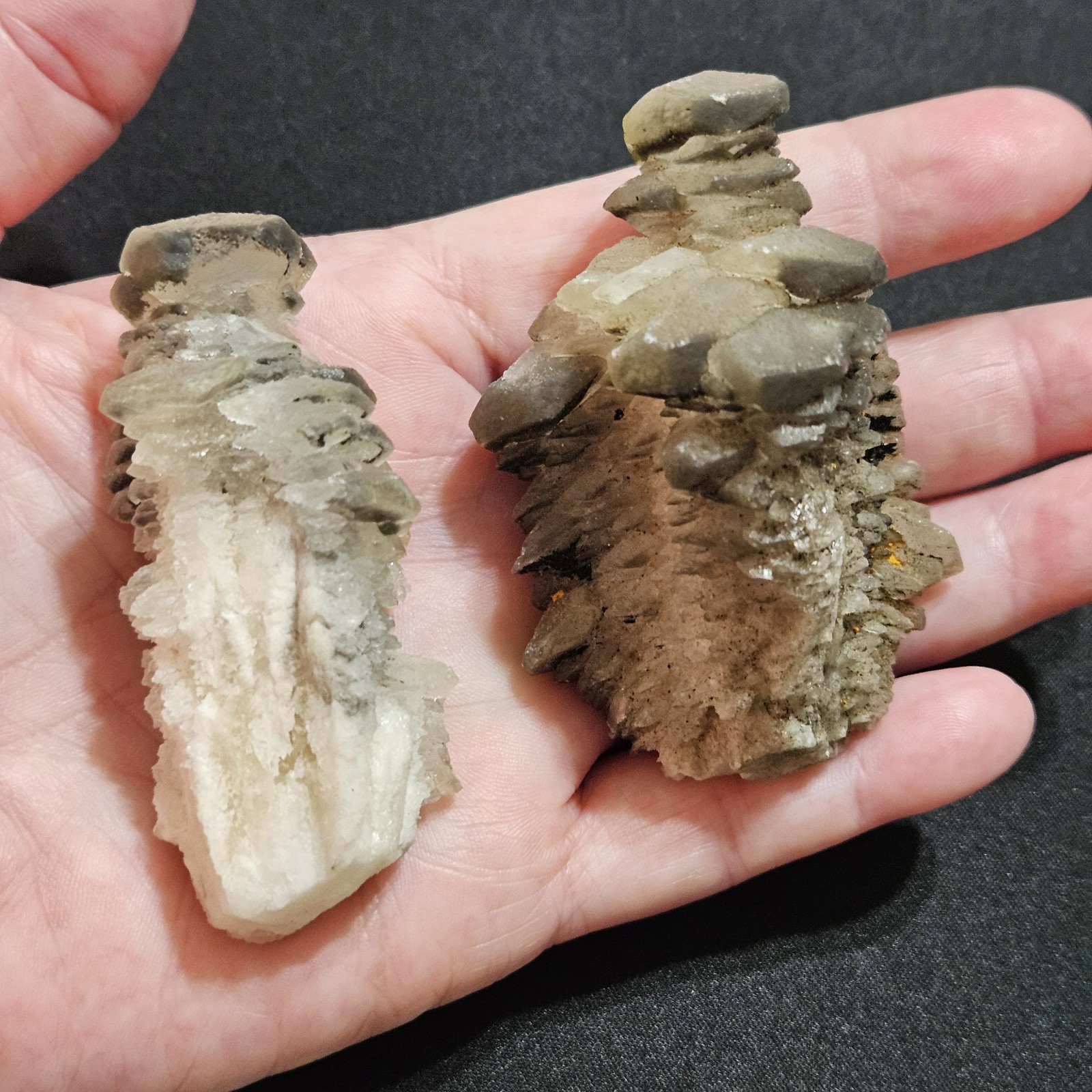 Lot Of 2 Pagoda Calcite Crystals, Step Stones With Hematite, UV Fluorescent