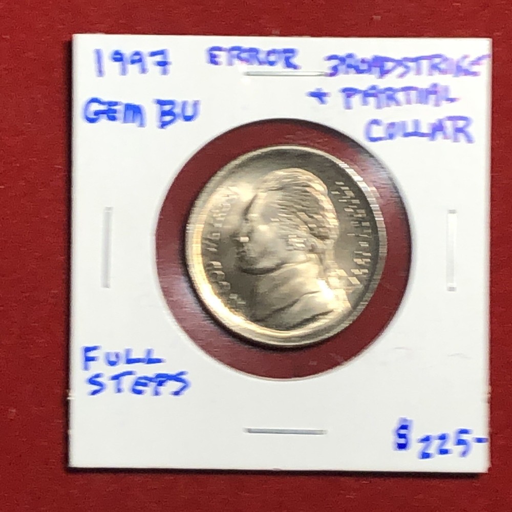 1997 jefferson nickel Error Broadstrike + Partial Collar Full Steps Gem Bu