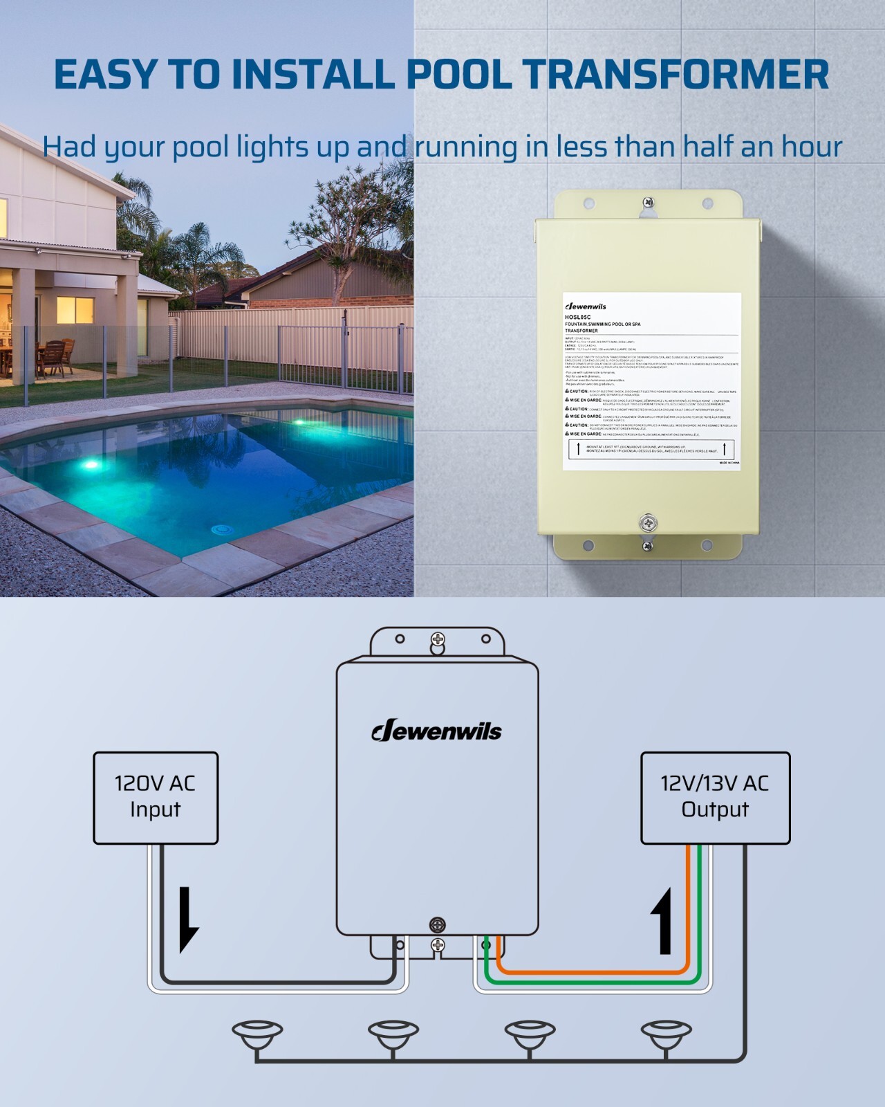 DEWENWILS 300W Low Voltage Pool Light Transformer, 120V AC to 12V/13V/14V AC, Mu