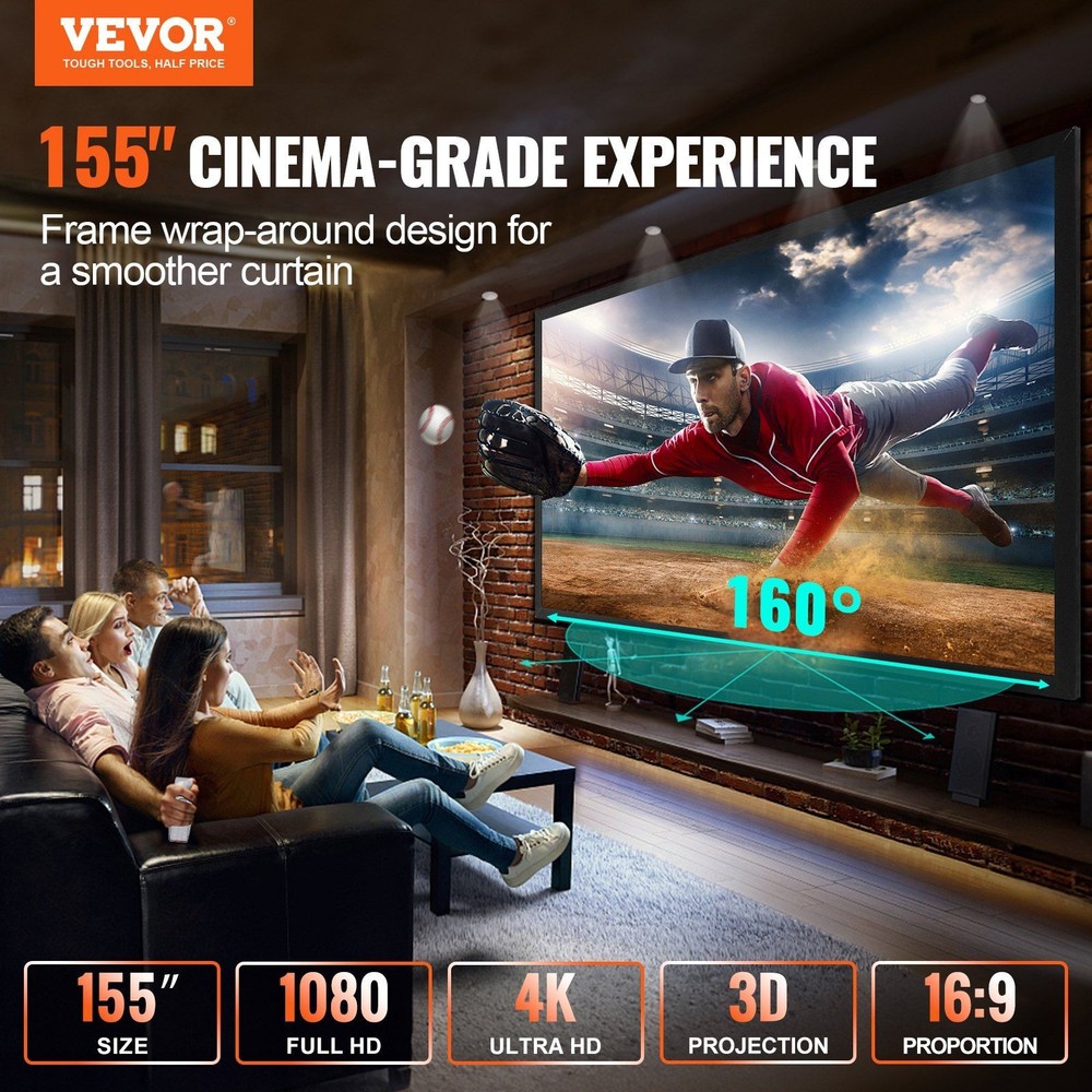 155in 16:9 4K HD Fixed Frame Projector Screen & Wall Mounted Display
