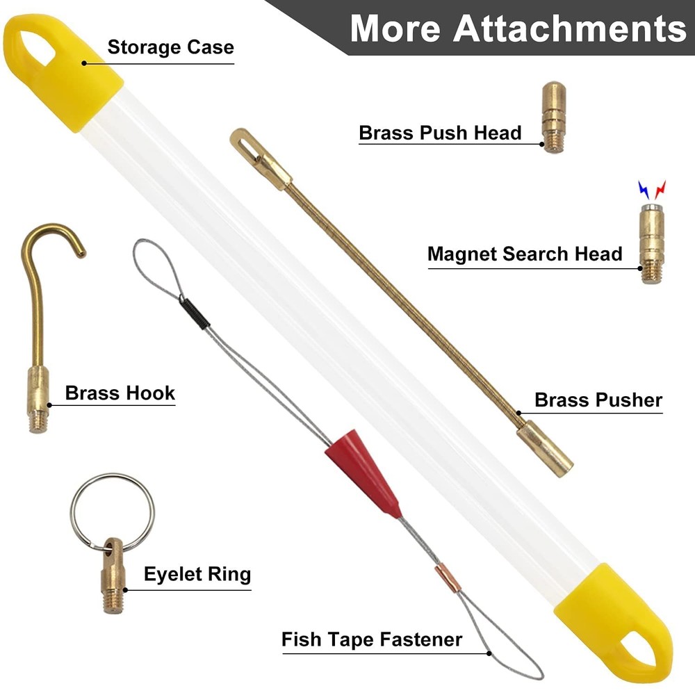 33' Fiberglass Running Electrical Wire Cable Pulling Fish Tape Kit With 5 Differ