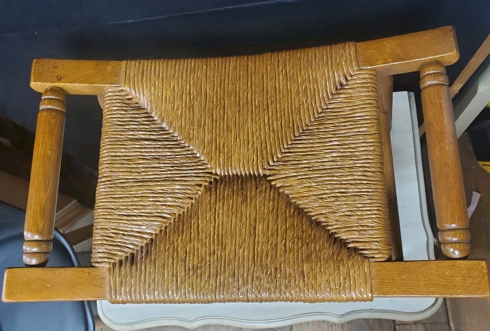Mid Century Solid Wood Woven Rush Footstool