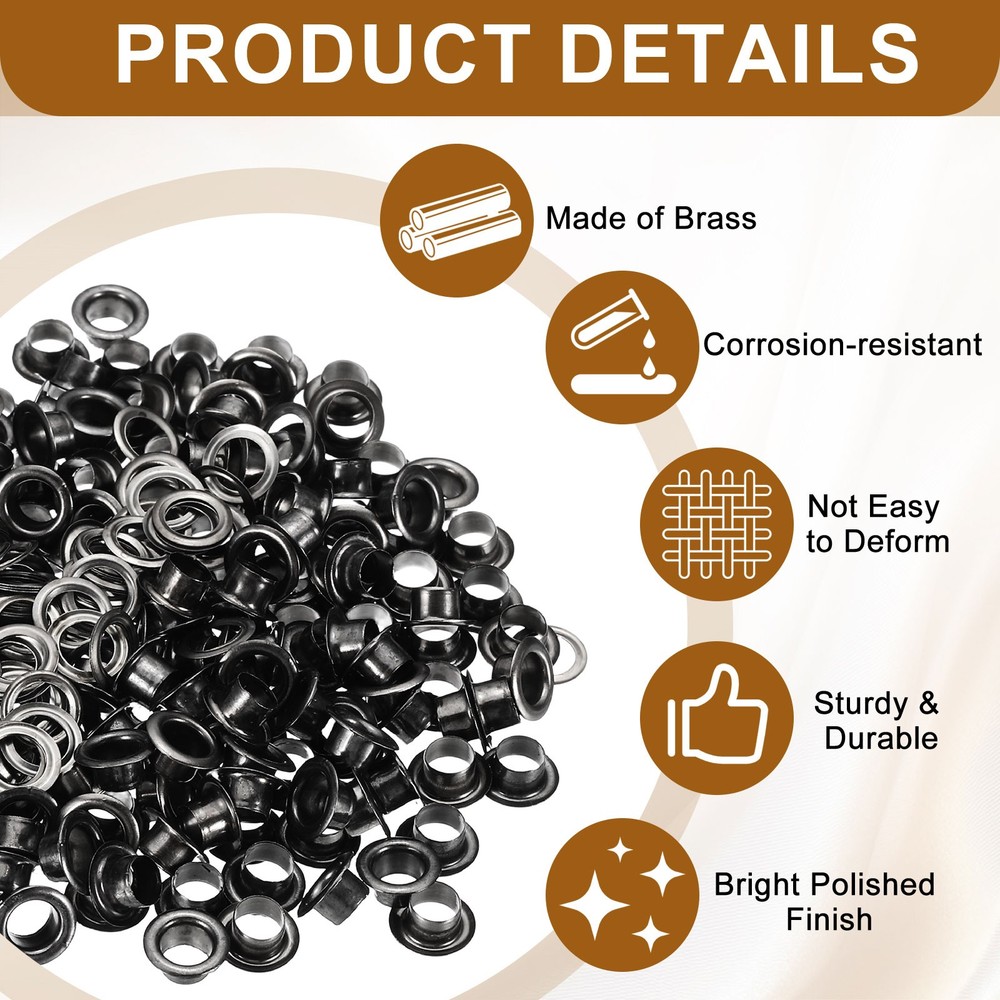 200 Sets Grommets Eyelets, 4.5mm Brass Self Backing Eyelets, Black