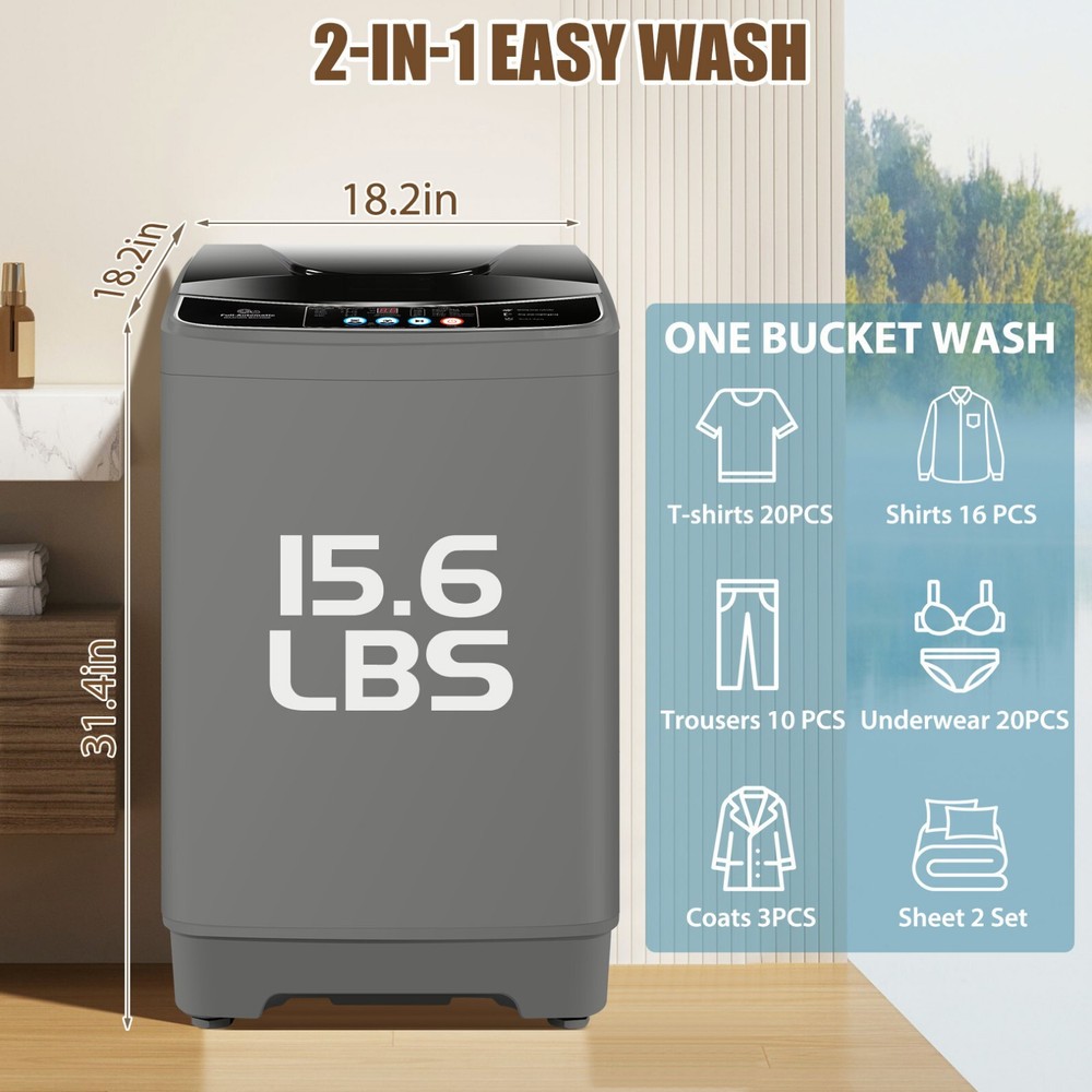 Washing Machine 15.6lbs Capacity Fully Automatic Compact Washer with Drain Pump