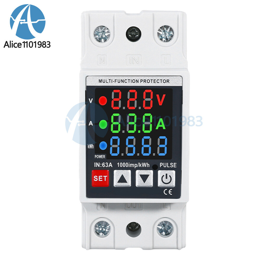 Voltage Current Power Meter 35mm Rail Overcurrent Undervoltage Protector 63A