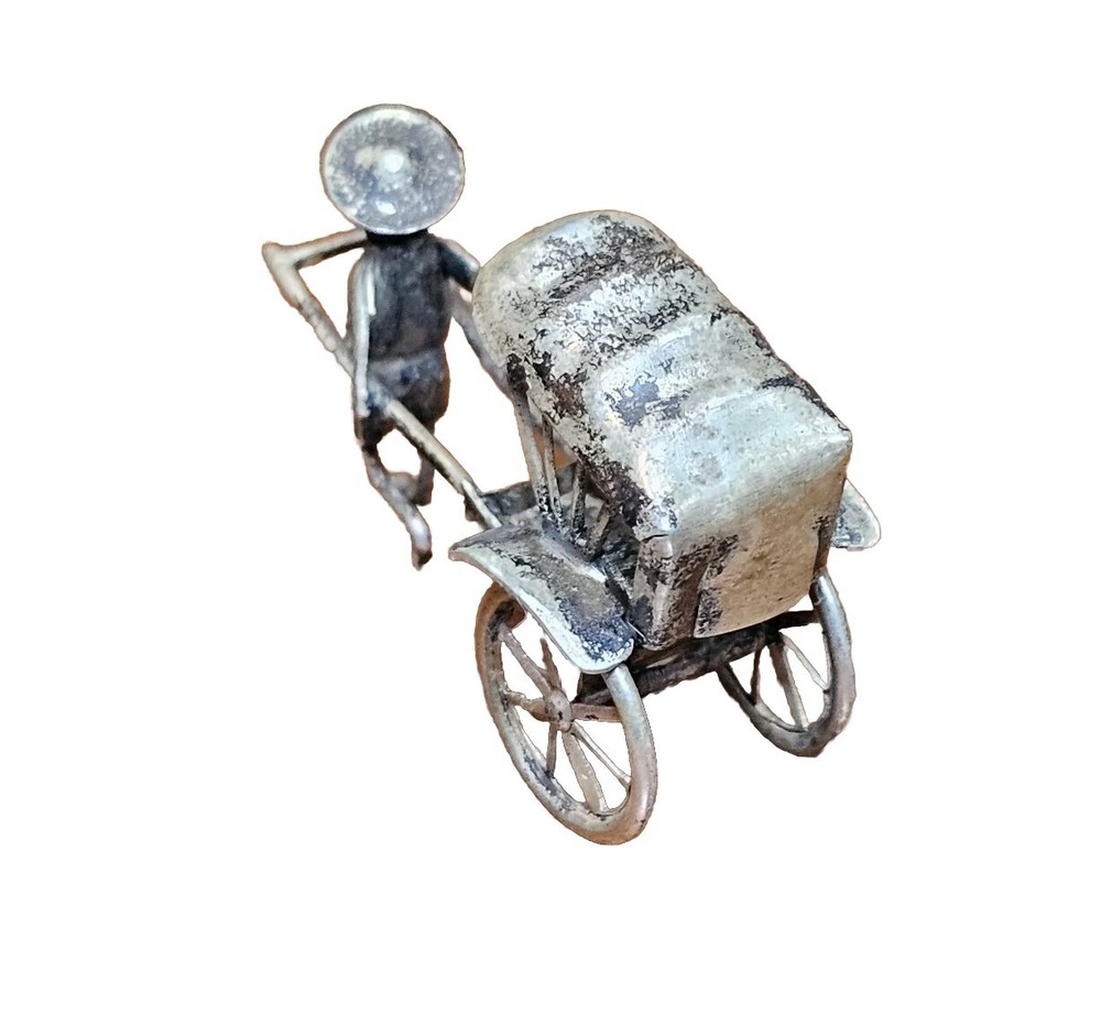 Sterling Silver Chinese Rickshaw Cart Puller Mini Figurine 2"×1½"×½" Wheels Roll