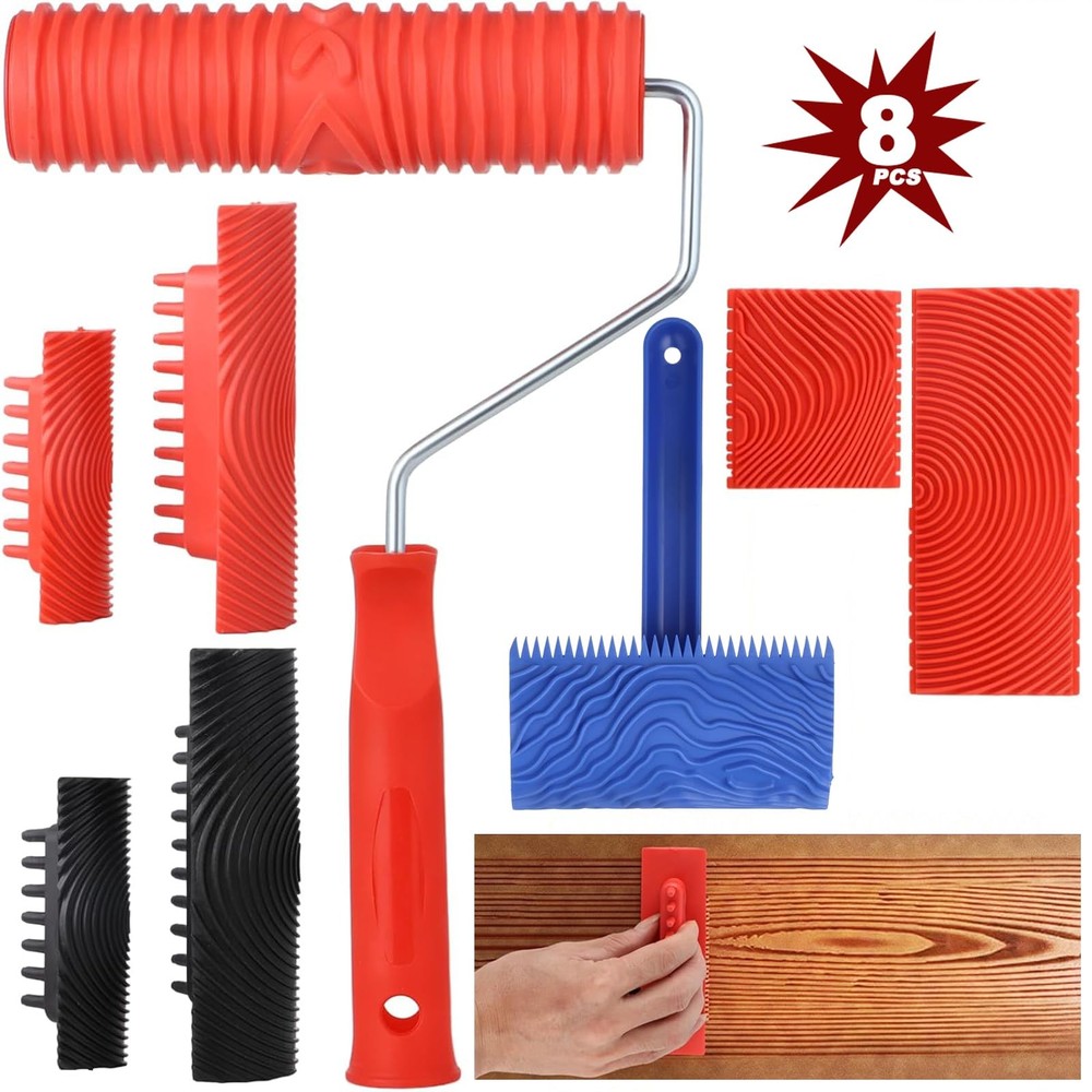 Wood Graining Tool Set 8Pcs, Rubber Grain Rollers with Handles, Brown