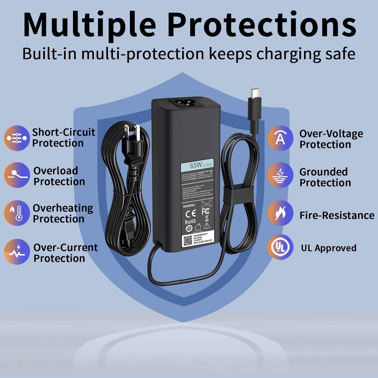 Dell 65W USB C Laptop Charger Power Adapter with 11ft Power Cord