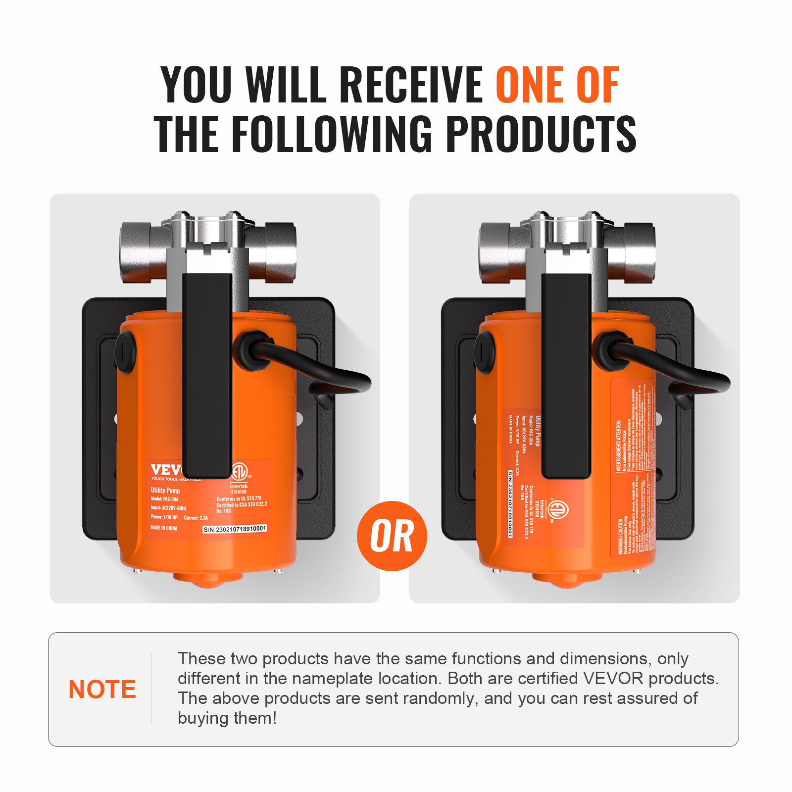 VEVOR Water Transfer Removal Pump Portable Utility Pump 120V 360 GPH 1/10HP Hose