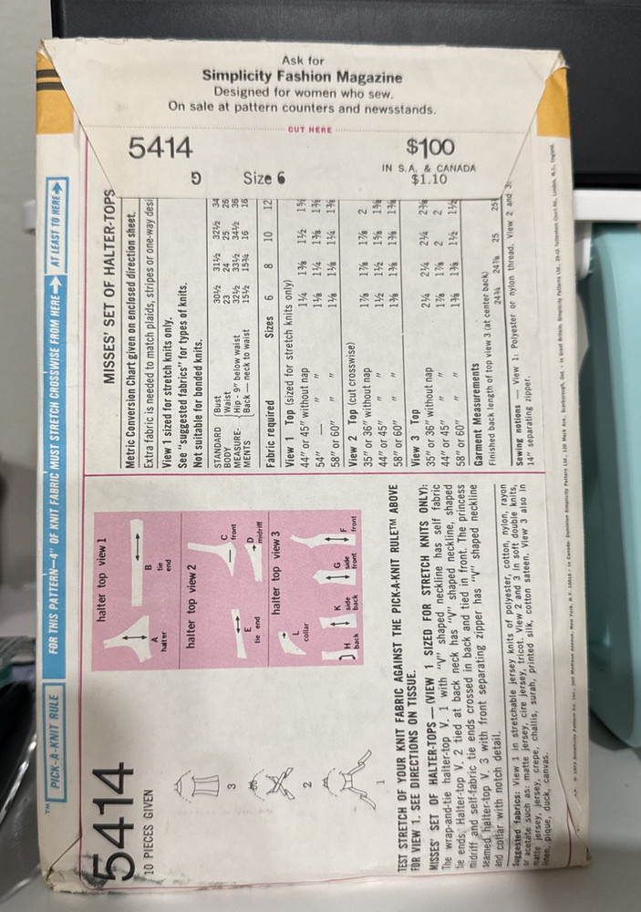 FREE SHIP! 5414 Simplicity Size 6 Sewing Pattern Misses 1970s