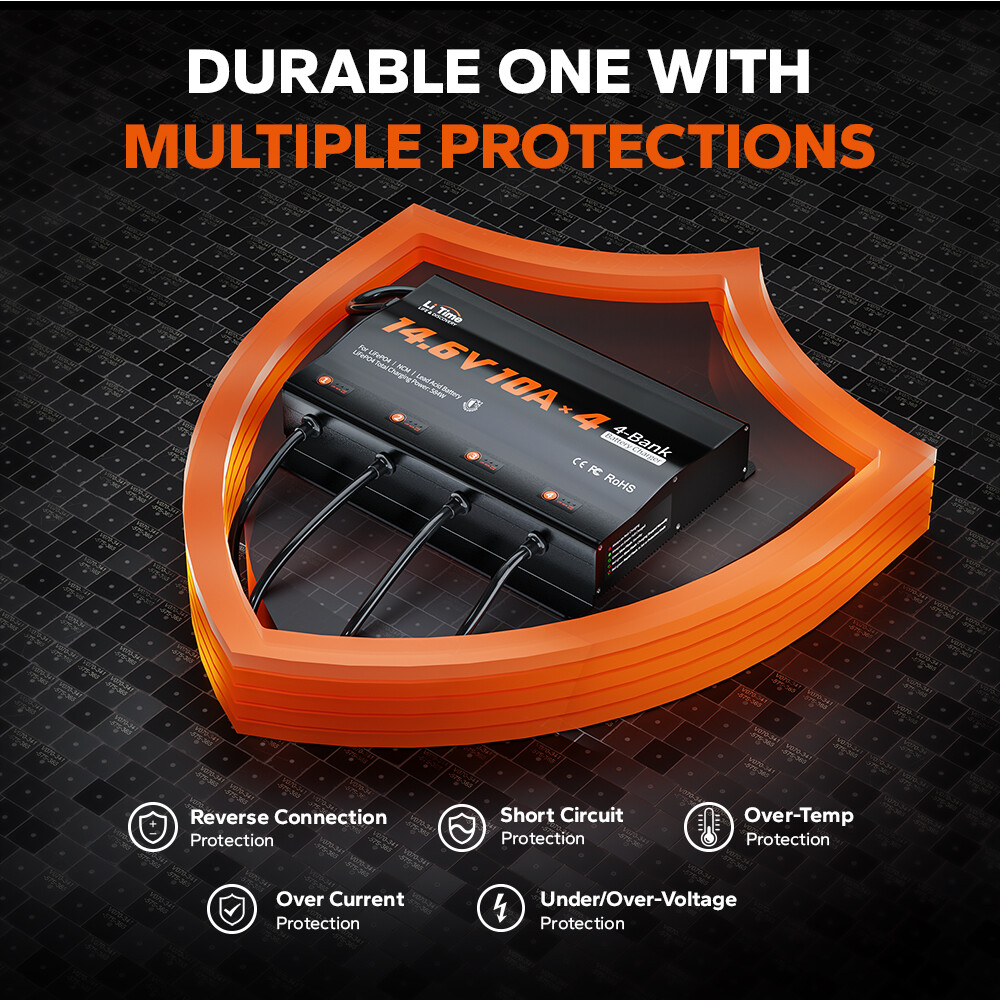 LiTime 14.6V 10A* 4 Bank Smart Battery Charger for Lithium LiFePO4 Lead Acid NCM