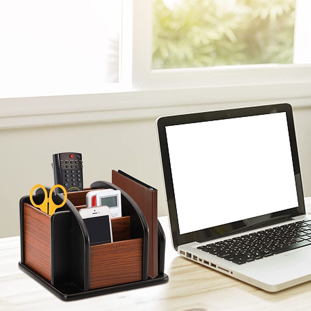 Wood Rotating Remote Caddy, Remote Control Holder for Table, 6-Compartment