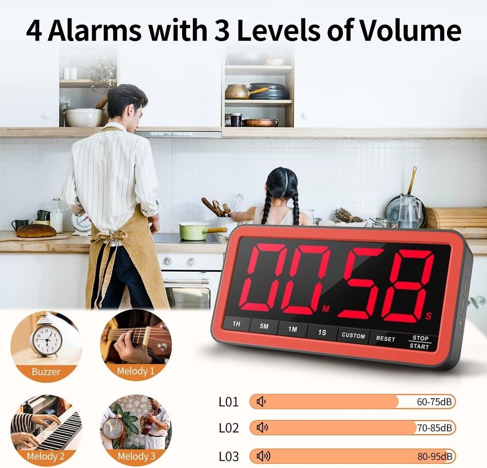 Extra Large 7.8” Digital Kitchen Timer with USB-C, 4 Alarms & 3 Brightness Modes