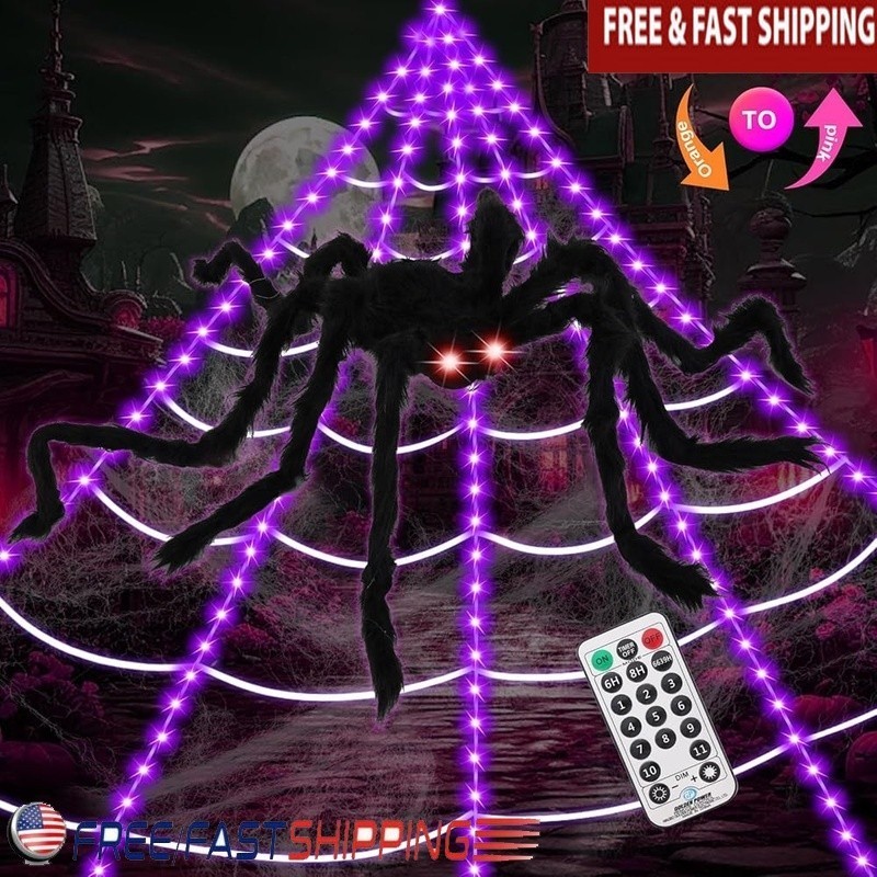 Giant Light Up Spider Web Remote Control Timer Realistic Spider Halloween Decor
