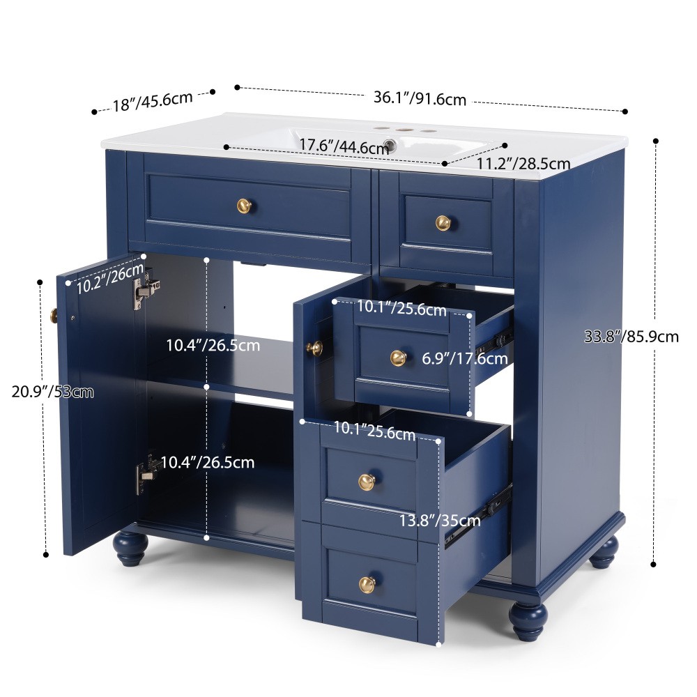 36" Blue Bathroom Vanity with Ceramic Sink, Soft-Close Drawers, Solid Wood Frame