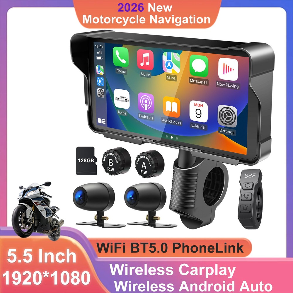 5.5" Waterproof Motorcycle GPS Carplay Android Auto Dash Cam TPMS Touchscreen