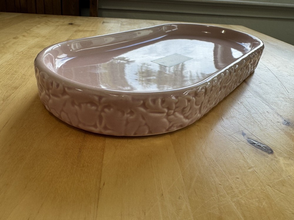 MORRIS & CO. Pink Oval Vanity Tray w/Embossed Floral Sides 12.5"