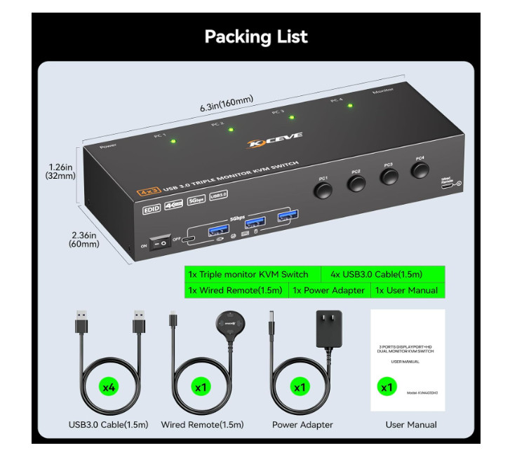 KVM Switch 3 Monitors 4 Computers 4K@60Hz,EDID Simulation,HDMI Displayport Tripl