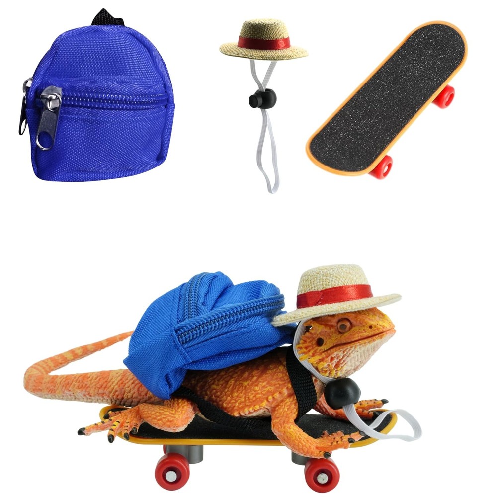 3 Pack Bearded Dragons Lizard Backpack Adjustable Hat and Mini Skateboard Fit...